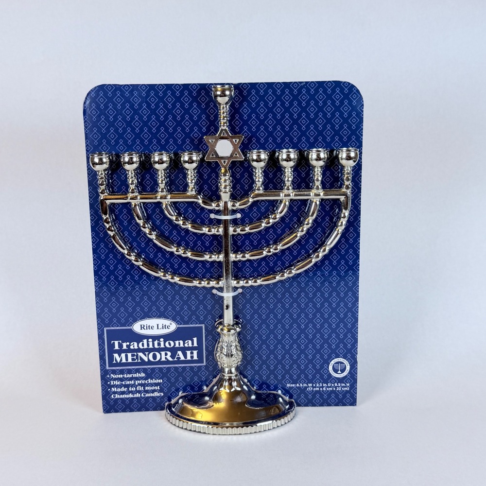 Rite Lite Traditional Menorah Silver Tone Die Cast Non Tarnish Hanukkah